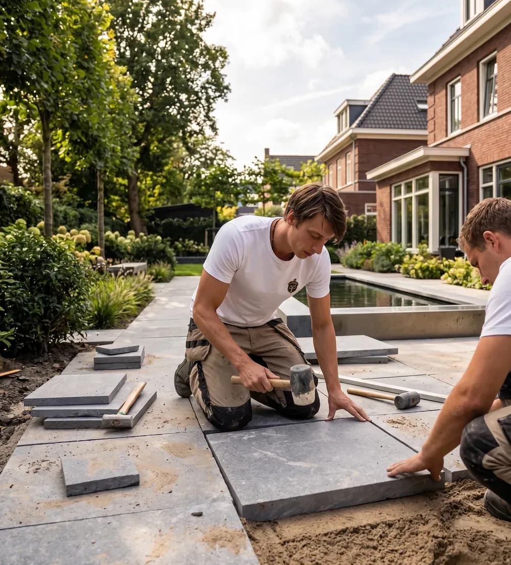 Vakkundig straatwerk in uitvoering bij een tuinproject in de regio Haaglanden