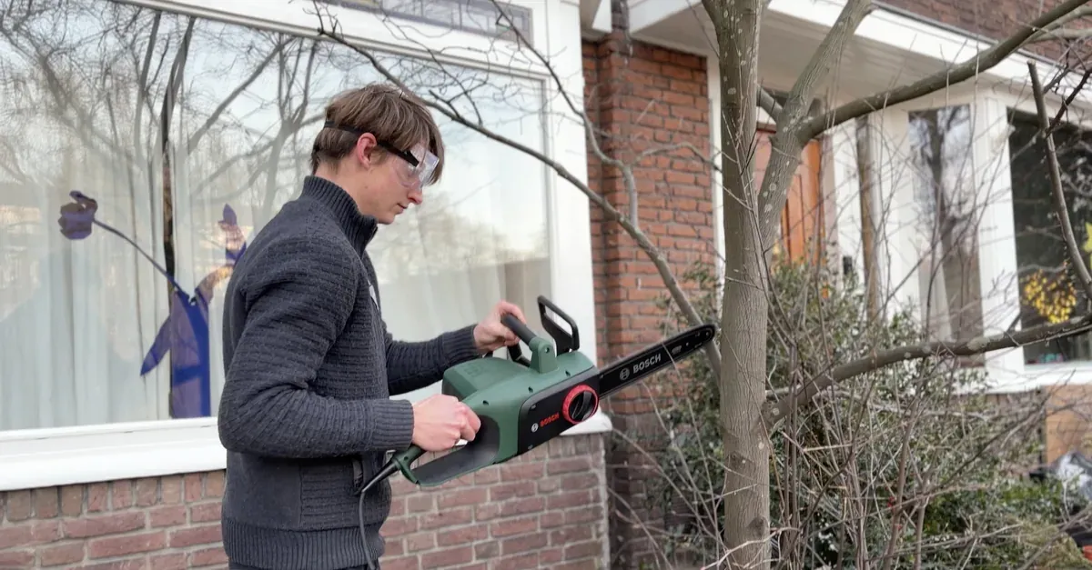 Sebastiaan snoeit een boom met een kettingzaag